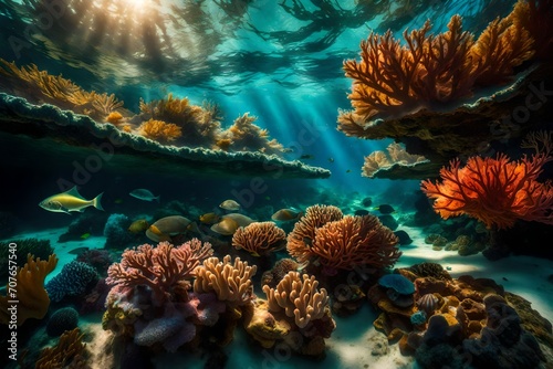A vibrant underwater garden of coral formations  alive with a myriad of marine creatures  illuminated by dappled sunlight filtering through the waves.