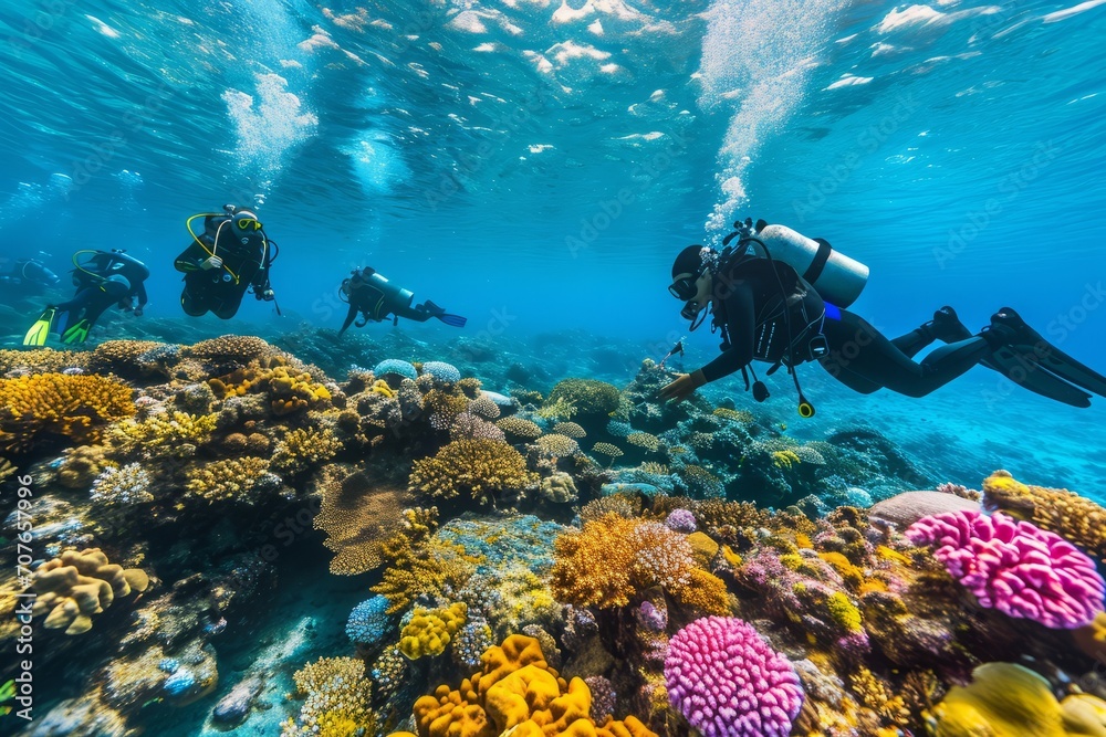 Scuba divers exploring vibrant coral reefs and encountering an array of colorful marine life in clear, azure waters. AI generative Scuba divers exploring vibrant coral reefs and encountering an array of colorful marine life in clear, azure waters. AI generative
