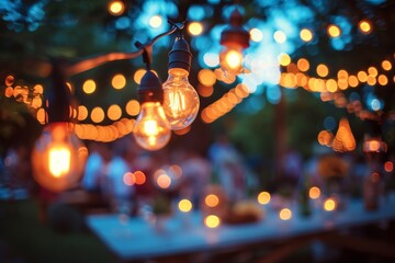 Outdoor party with lamp garlands and many people silhouettes, blurred background. AI generative