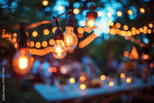 Outdoor party with lamp garlands and many people silhouettes, blurred background. AI generative