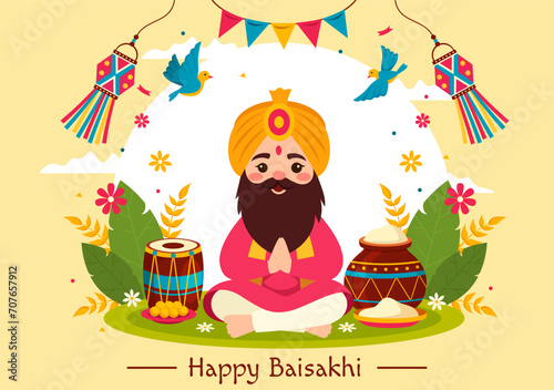 Happy Baisakhi Vector Illustration of Vaisakhi Punjabi Spring Harvest Festival of Sikh Celebration with Drum and Kite in Holiday Cartoon Background