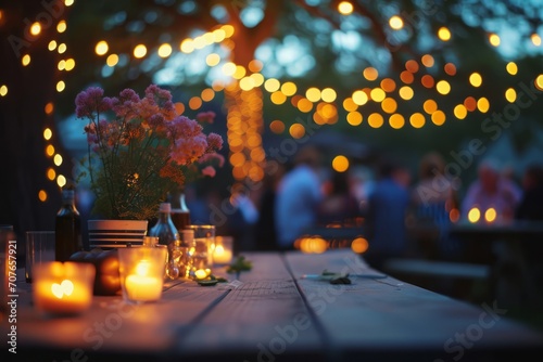 Outdoor party with lamp garlands and many people silhouettes, blurred background. AI generative