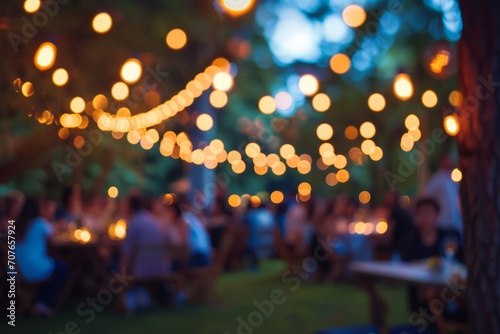 Outdoor party with lamp garlands and many people silhouettes, blurred background. AI generative photo