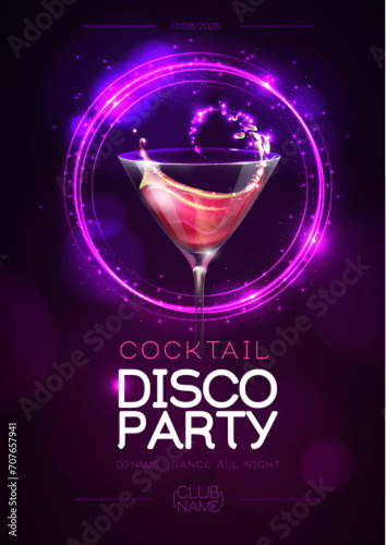 Disco modern cocktail party poster with neon violet sphere and realistic 3d cosmopolitan cocktail. Vector illustration
