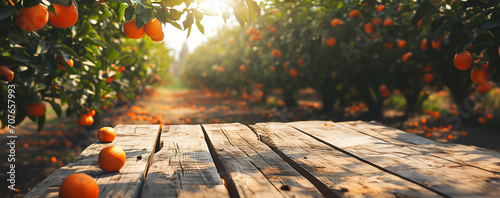 Empty wood table with free space over orange trees, orange field background. For product display montage photo