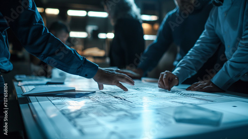 Engineer, Scientists and Developers Gathered Around Illuminated Conference Table in Technology Research Center, Talking, Finding Solution and Analysing Industrial Engine Design.