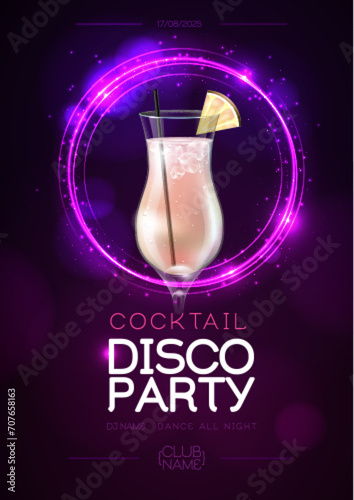 Disco modern cocktail party poster with neon violet sphere and realistic 3d pina colada cocktail. Vector illustration