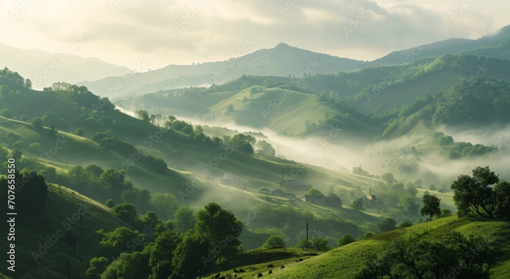 Misty morning over lush green rolling hills with sunlight filtering through the haze.
