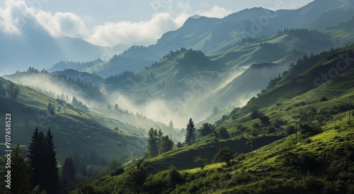 Misty mountain landscape with lush greenery and layered hills under soft light.