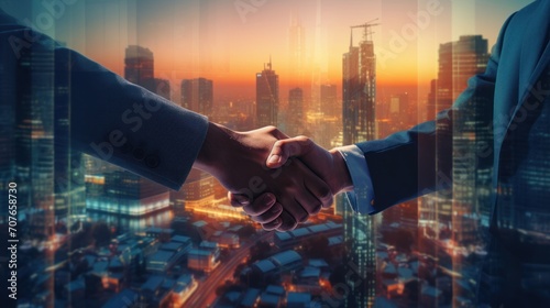 Double exposure of Business person handshake for agreement and success