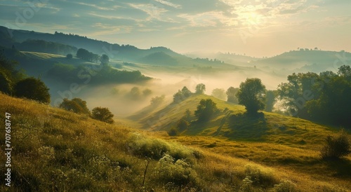Misty sunrise over a tranquil landscape with rolling hills and a river.