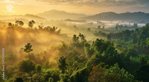 Misty sunrise over a lush forest with rolling hills in the background, showcasing the beauty of nature. © robertuzhbt89