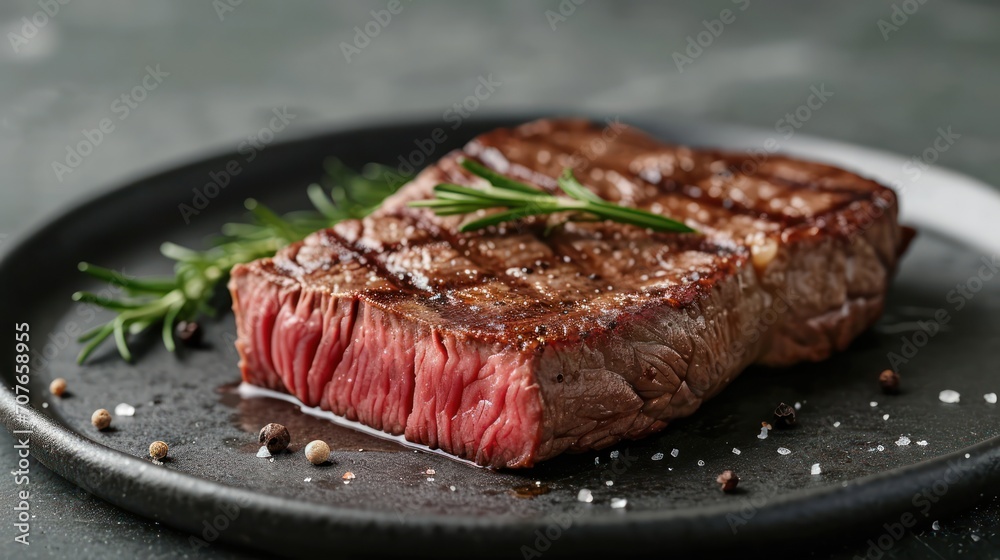 Fried steak with spices and green sprigs of rosemary on gray background. Food photography Fried steak with spices and green sprigs of rosemary on gray background. Food photography