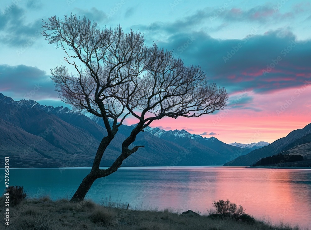 Solitary tree silhouette against a vibrant sunset sky with reflections on a tranquil lake and mountain backdrop.