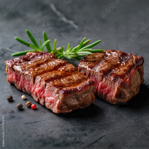 Fried steak with spices and green sprigs of rosemary on gray background. Food photography