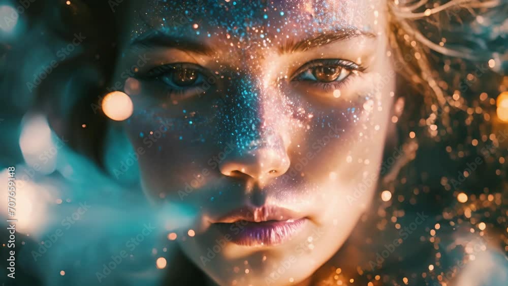 A portrait of a woman with a galaxyinspired headpiece and cosmic body paint, her eyes piercing through a cloud of shimmering particles. A portrait of a woman with a galaxyinspired headpiece and cosmic body paint, her eyes piercing through a cloud of shimmering particles.