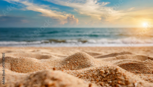 Close up sand with blurred sea sky background, summer day, copy space or for product. Summer 