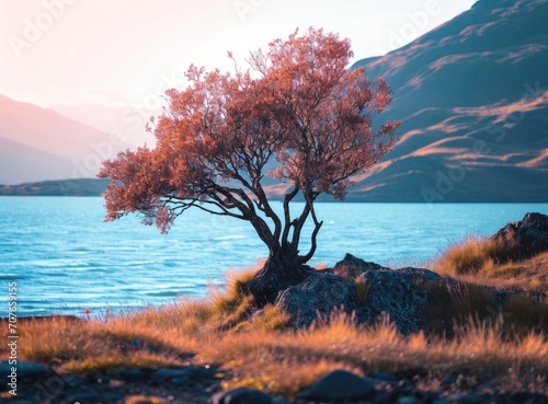 Solitary tree with autumn leaves by a tranquil lake with mountains in soft light at sunset.