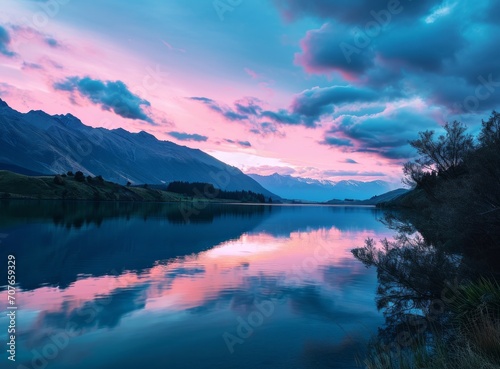Serene lake at dusk with vibrant pink and blue sky reflecting on calm water, surrounded by mountains and trees.