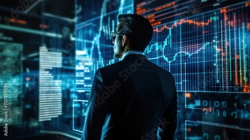 Businessman and Screen holographic interface graph stock market data  Analyzing Market  Trader and investment