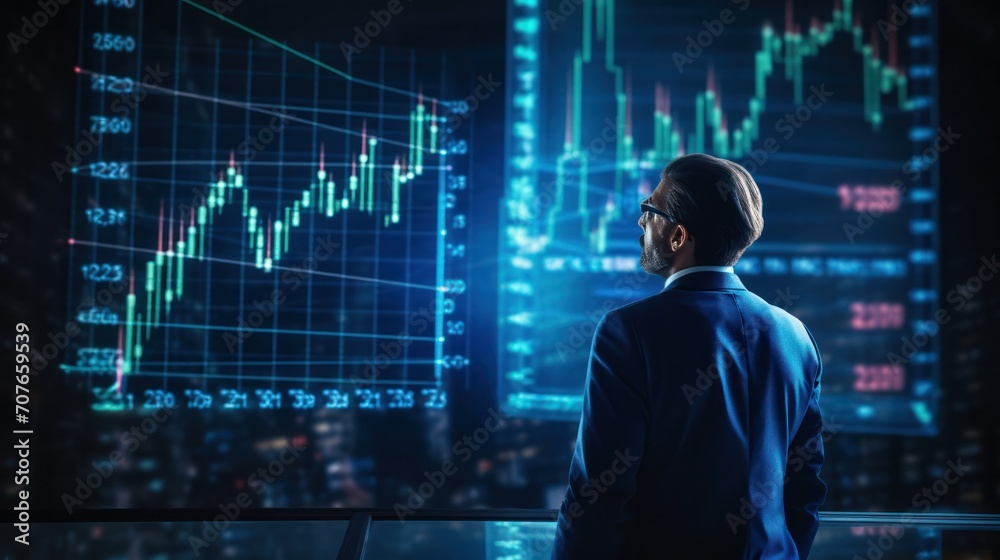 Businessman and Screen holographic interface graph stock market data, Analyzing Market, Trader and investment Businessman and Screen holographic interface graph stock market data, Analyzing Market, Trader and investment