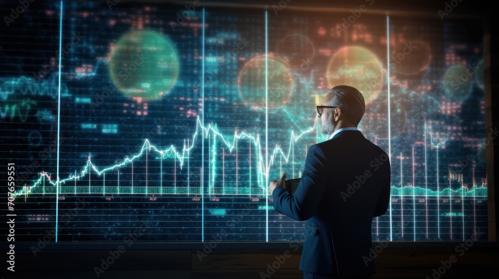 Businessman and Screen holographic interface graph stock market data, Analyzing Market, Trader and investment Businessman and Screen holographic interface graph stock market data, Analyzing Market, Trader and investment