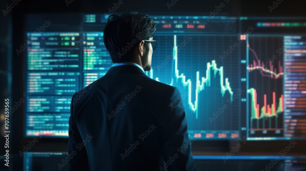 Businessman and Screen holographic interface graph stock market data, Analyzing Market, Trader and investment Businessman and Screen holographic interface graph stock market data, Analyzing Market, Trader and investment