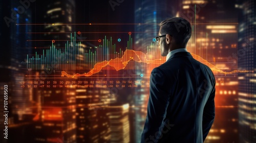 Businessman and Screen holographic interface graph stock market data, Analyzing Market, Trader and investment