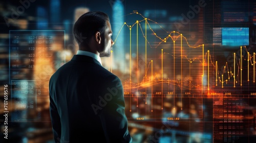 Businessman and Screen holographic interface graph stock market data, Analyzing Market, Trader and investment