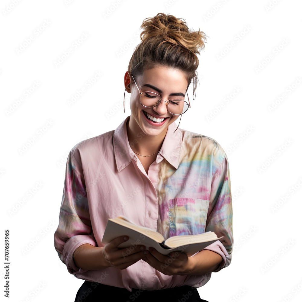 front view mid body shot of a demisexual individual in a button-up shirt with a messy bun, reading a book and smiling isolated on a white transparent background front view mid body shot of a demisexual individual in a button-up shirt with a messy bun, reading a book and smiling isolated on a white transparent background