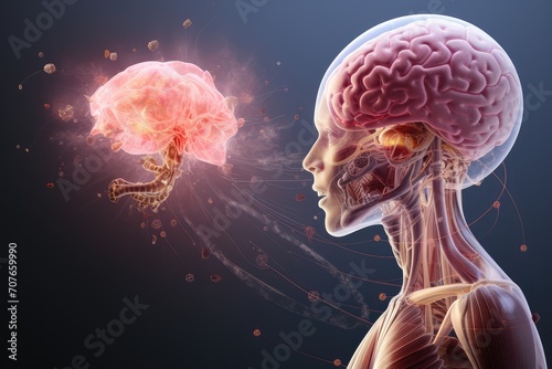 Brain Illustration depicts the intersection of psychology, cognitive psychology, neuropsychology, and psychobiology. Explore cognitive functions and emotional intelligence neural neuro psychology photo