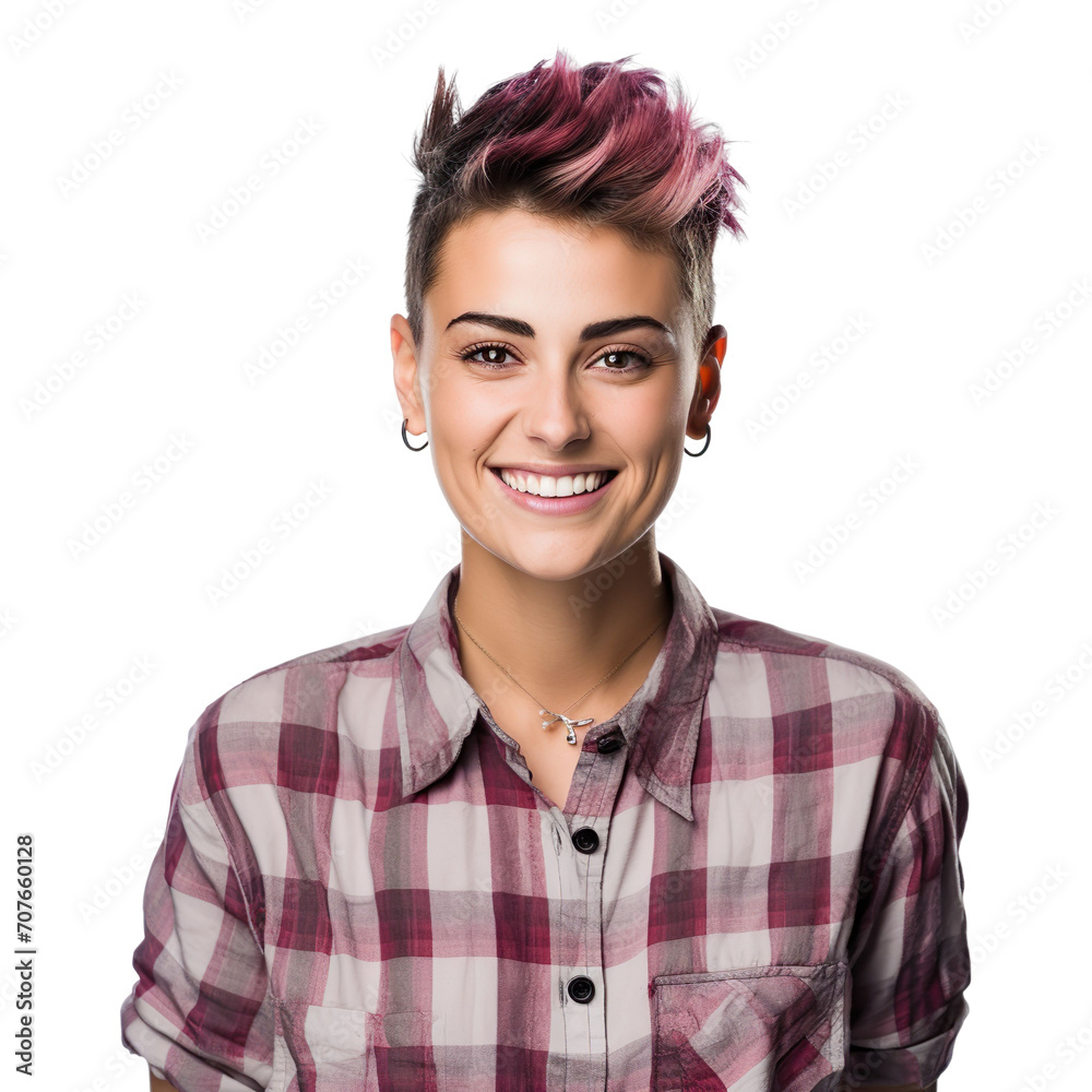 front view mid body shot of a genderfluid individual in a button-up shirt with a fade haircut, smiling isolated on a white transparent background front view mid body shot of a genderfluid individual in a button-up shirt with a fade haircut, smiling isolated on a white transparent background