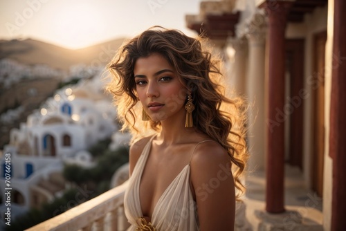 beautiful women in white dress in sunset, beautiful hairs. Generative AI © sunil