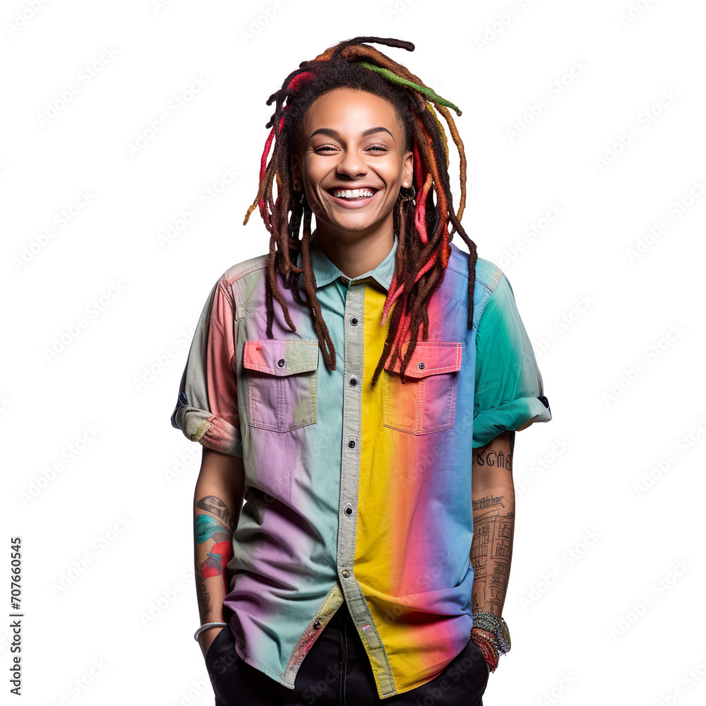 front view mid body shot of a pansexual individual in a button-up shirt with colorful dreadlocks, smiling isolated on a white transparent background front view mid body shot of a pansexual individual in a button-up shirt with colorful dreadlocks, smiling isolated on a white transparent background