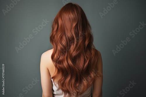 Viewed from the rear, long auburn hair flows in natural waves. Generative Ai. photo