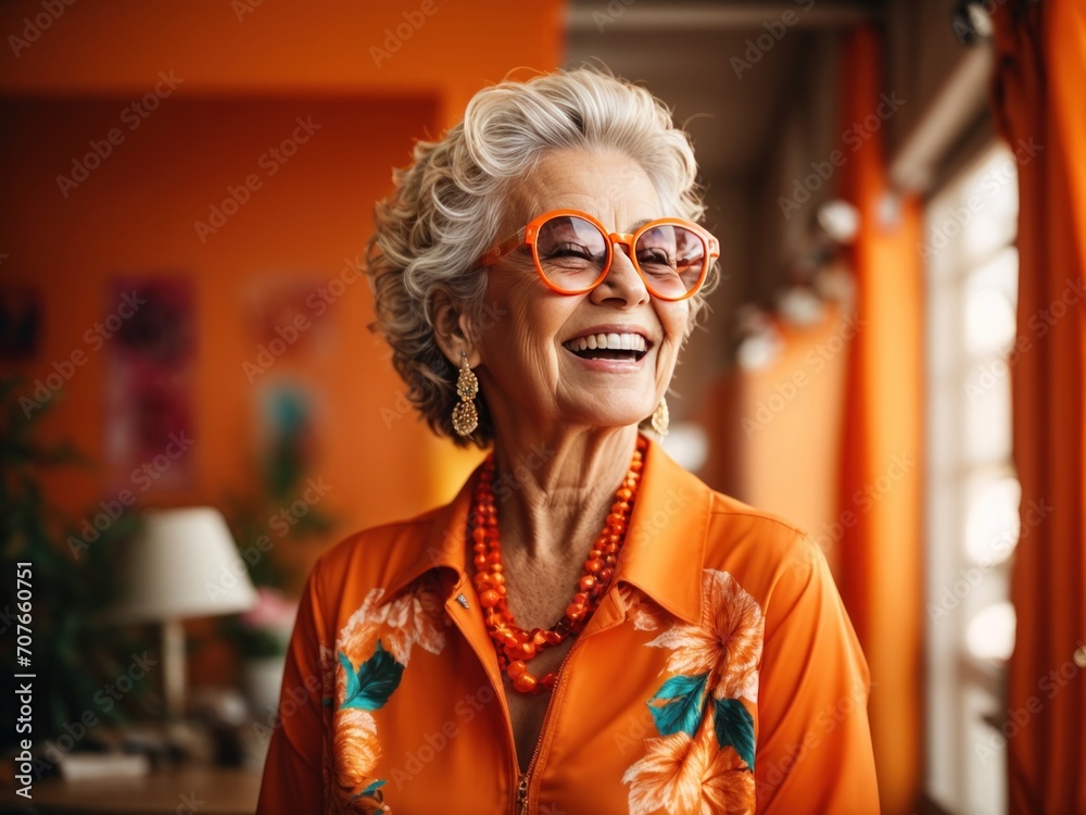 Happy senior woman in colorful orange outfit. Generative AI