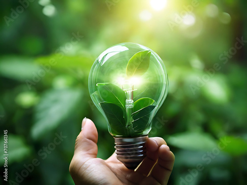 Hand holding light bulb against nature on green leaf, Organization sustainable development environmental and business responsible environmental, Energy sources for renewable