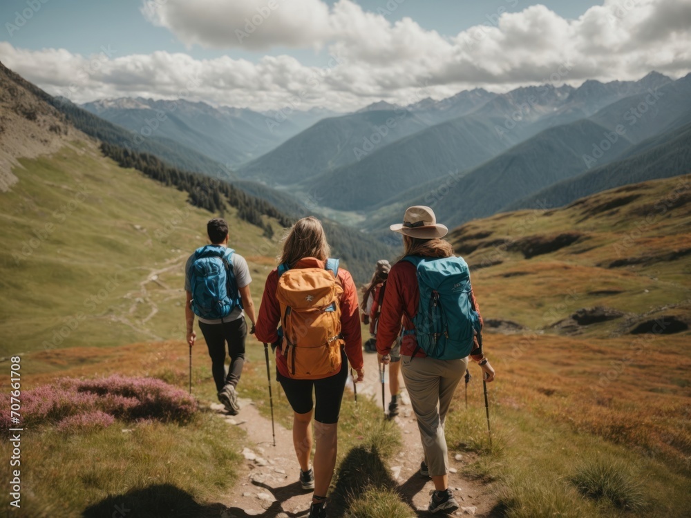 a group of friends hiking on mountain. Generative AI a group of friends hiking on mountain. Generative AI