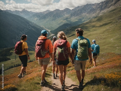 a group of friends hiking on mountain. Generative AI