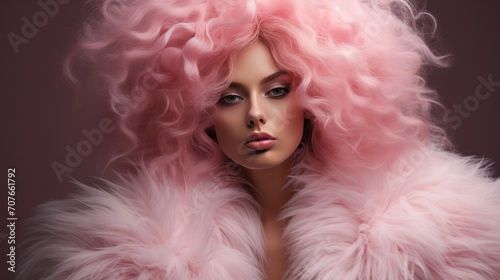 Fashion illustration of a lady wearing fluffy clothing and pastel pink hair. Generative Ai.