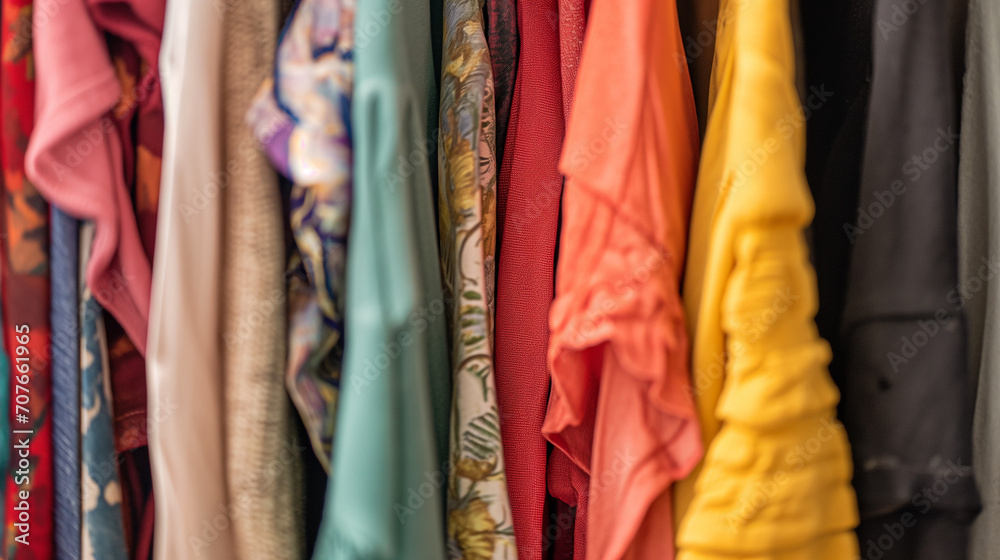 Organized closet, tidy, colorful, textile textures. 