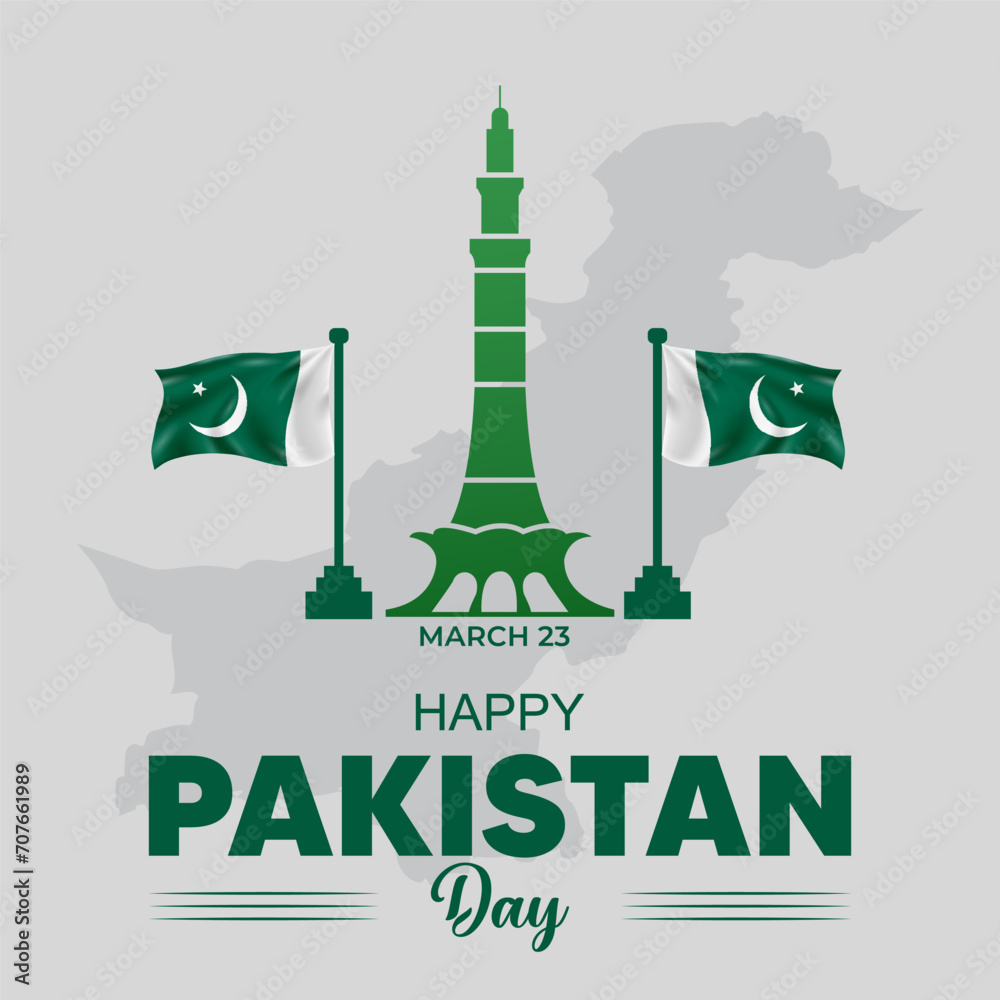 Vector pakistan resolution day design with national map and flag and landmark building.