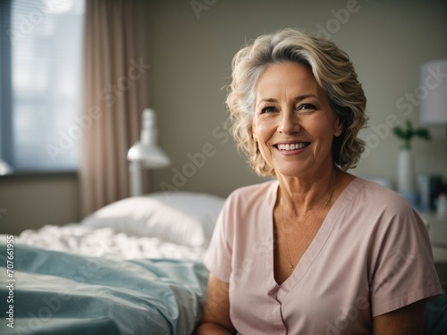 Female senior woman taking rest at hospital bed. Generative AI