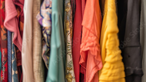 Organized closet  tidy  colorful  textile textures. 
