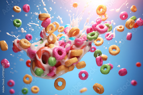 Food concept. Breakfast cereal loops with milk. Commercial style, vivid colors. Background with copy space photo