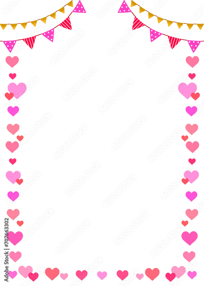 ハートとガーランドのフレーム　背景素材　飾り枠　見出し　シンプル　おしゃれ　白バック　透過　縦長