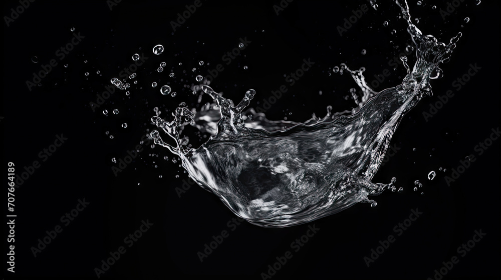 a water splash in liquid on a black background, water splash isolated on black background.Stop motion freeze shot. Splash Water for texture elements