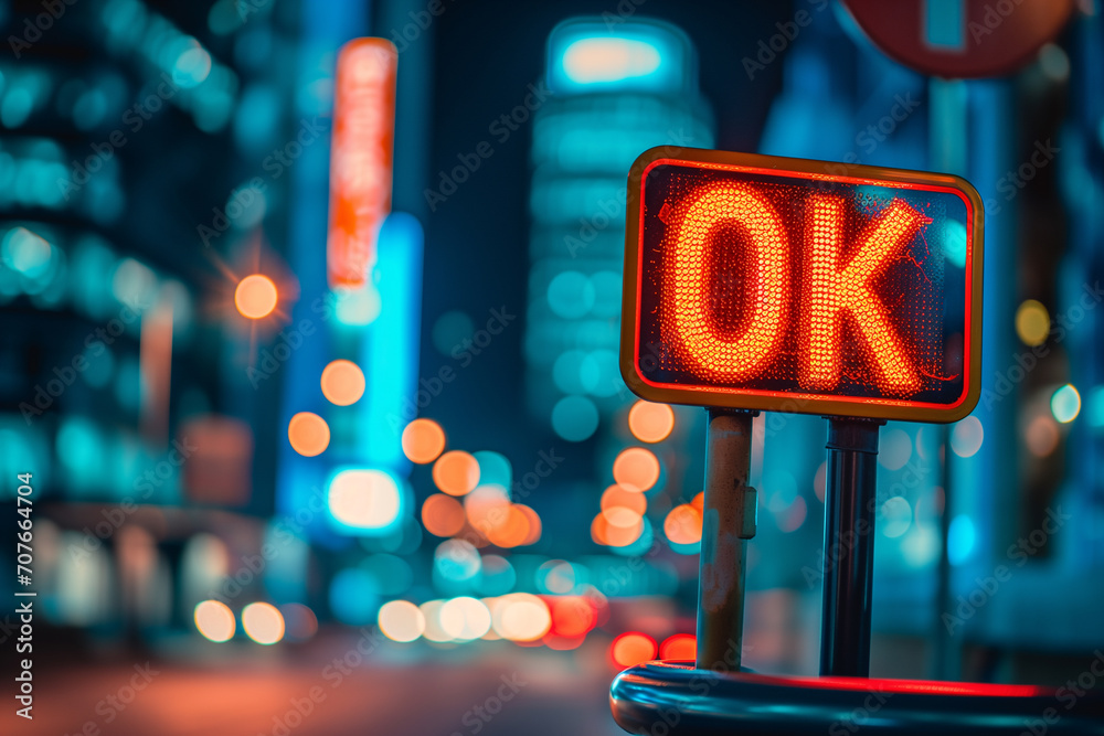 「OK」と書かれた看板　ネオン　夜景　標識　許可