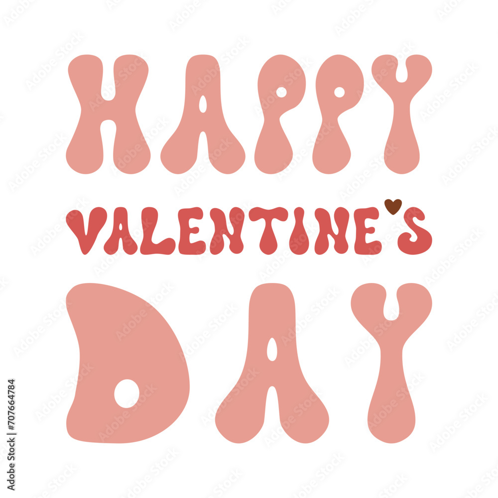 Pink Happy Valentines Day retro groovy lettering element isolated on white. Cute 14 February typography vector letters. Funky text illustration for posters, cards, invitation in vintage 70s, 60s style Pink Happy Valentines Day retro groovy lettering element isolated on white. Cute 14 February typography vector letters. Funky text illustration for posters, cards, invitation in vintage 70s, 60s style