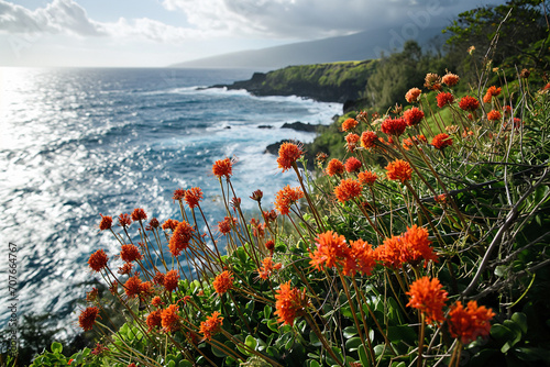 Orange flowers resting atop a vibrant green hillside, with a view overlooking a rocky coast shoreline